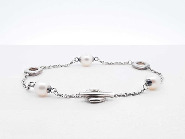 Tiffany & Co. Sterling Silver & Pearl Station Toggle Bracelet 7 Inch Fw0725wxdu