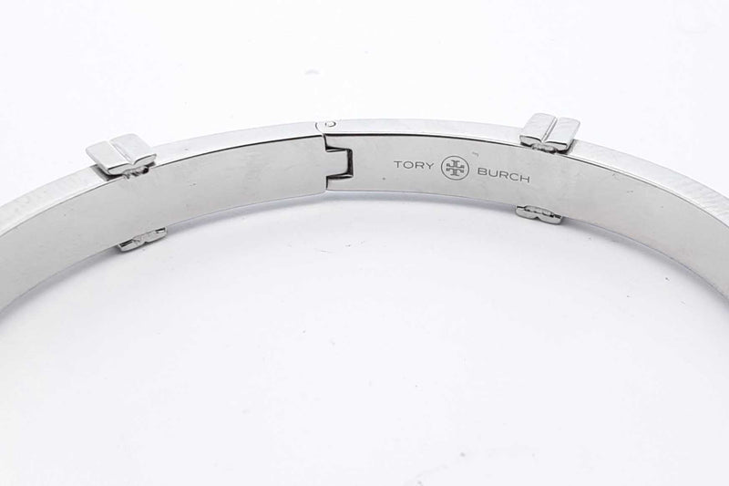 Tory Burch Silver Tone Logo Hinge Bangle Bracelet 6.5 In 7.2g Lh0924wrde