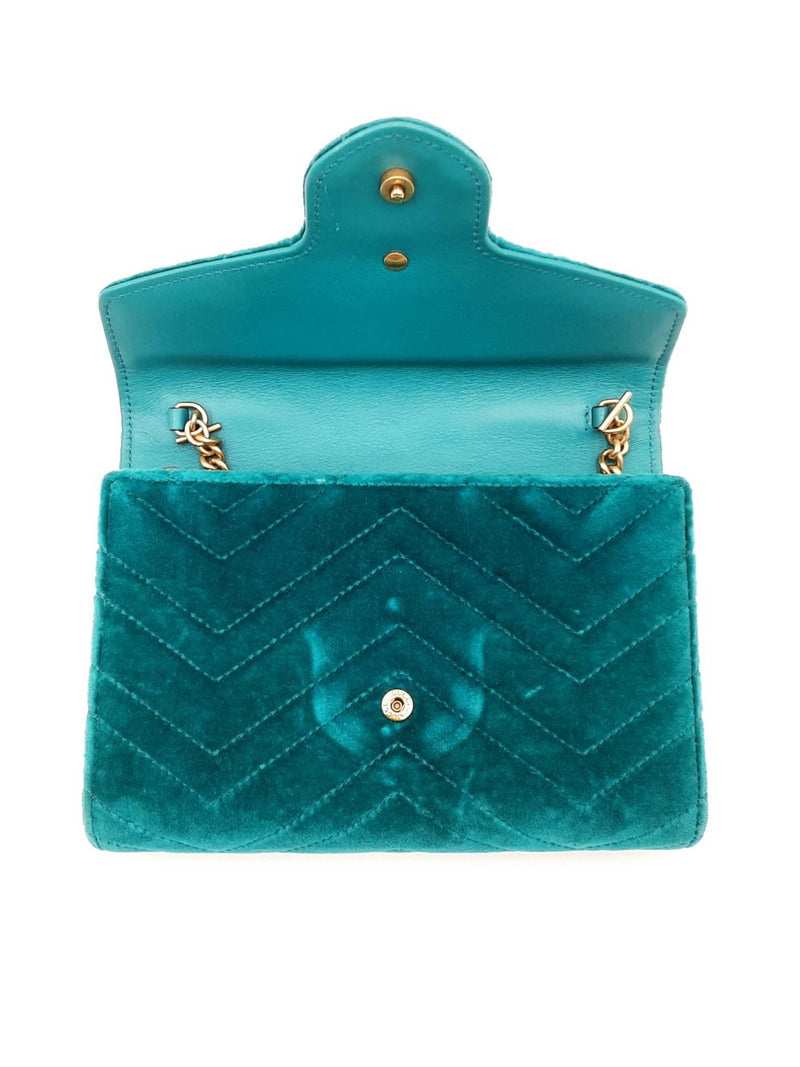 Gucci Gg Marmont Matelassé Chain Wallet In Pavone Cyan Velvet Fw0725wrzdu