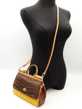 Dolce & Gabbana Sicily Brown Crocodile Yellow Eel Leather Crossbody Bag Do0325irxde