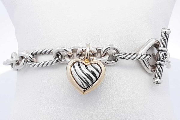 David Yurman 925 & 18k Yellow Gold Heart Chain Bracelet 22.2g 7.5 In Eb0225oxzsa