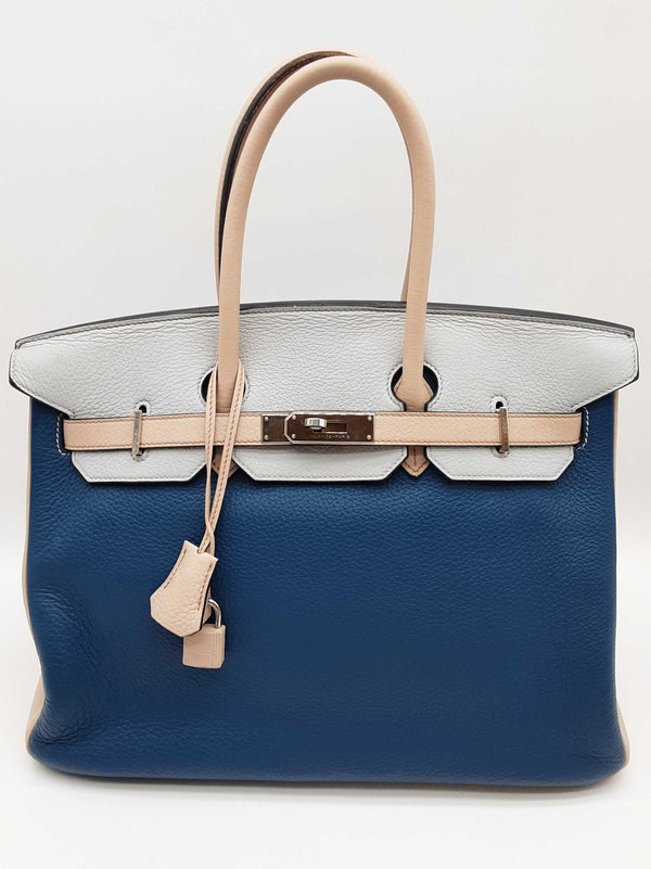 Hermes Custom Birkin 35 Blue Beige Clemence Palladium Handbag Do0825srxzde
