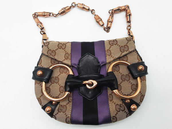 Gucci 129498 Mini Horsebit Tan Gg Canvas Purple Black Satin Clutch Do0925pxzde