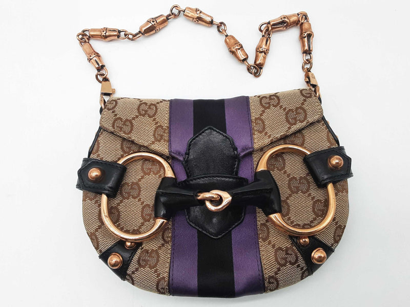 Gucci 129498 Mini Horsebit Tan Gg Canvas Purple Black Satin Clutch Do0925pxzde