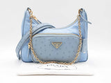 Prada Mini Shoulder Bag In Sky Blue Re-nylon & Ostrich Leather Fw0226lrxzdu