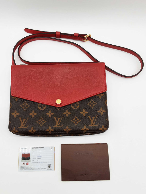 Louis Vuitton Twice Pochette Cherry Red Leather Brown Monogram Crossbody Bag Do0525sxzde