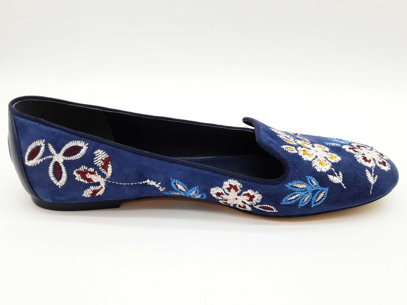 Tory Burch Trotters Estee Blue Suede Floral Embroidered Shoes Size8.5 Do0725lxde