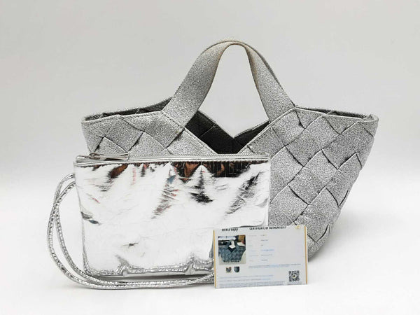 Bottega Veneta Intrecciato Silver Woven Canvas Mini Tote Bag Fw0225ozzdu