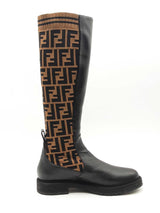 Fendi Rockoko Ff Fabric & Leather Knee High Boots Size 38 Eb0125oxzsa