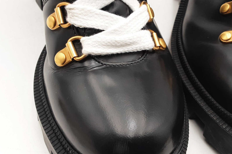 Gucci Sylvie Web Accent Black Patent Leather Combat Boots Size 38.5 Eb0825lxzsa