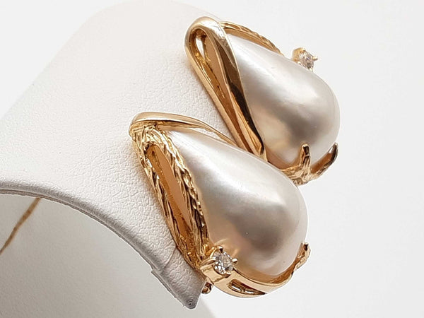 Tear Drop Pearls Diamonds 14k Yellow Gold 11.9g Stud Clasp Earrings Do0525wxzde