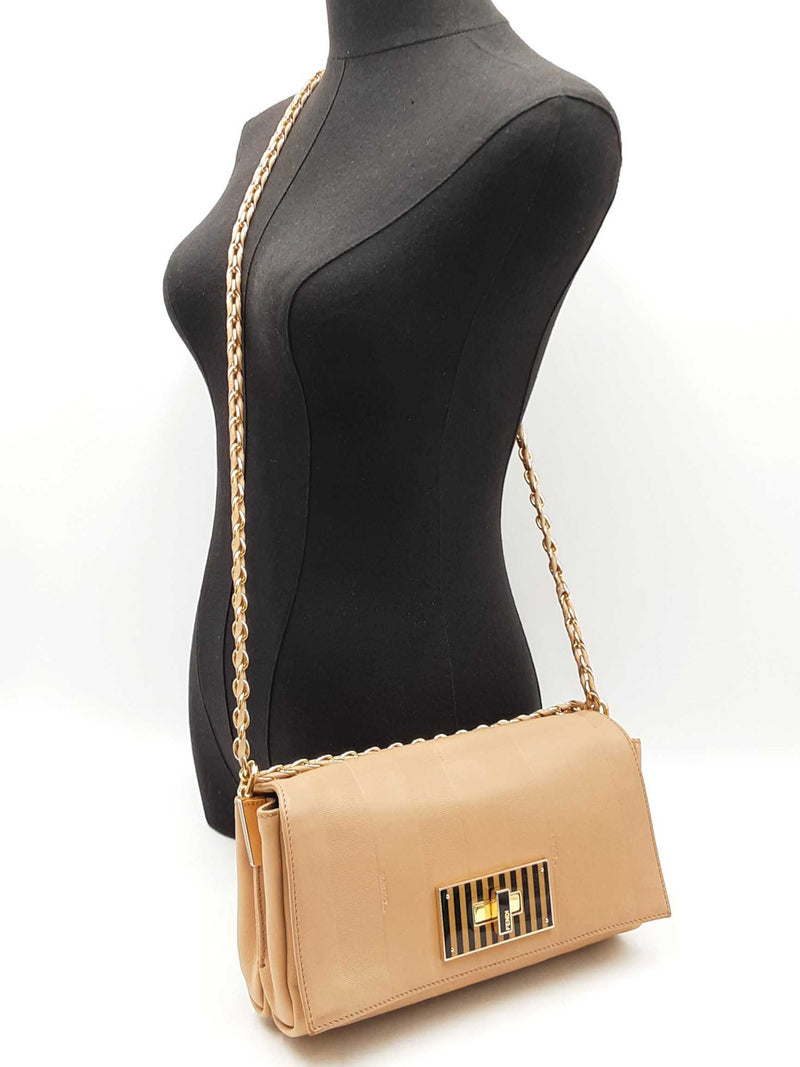 Fendi Pequin Claudia Shoulder Bag In Embossed Tan Leather Fw0925lordu