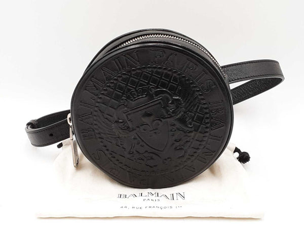 Balmain Embossed Black Leather Round Clutch Belt Bag Fw1025orxdu