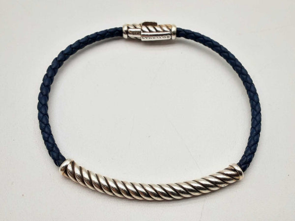 David Yurman Metro 0.925 Silver 13.0g Blue Leather Cable Bracelet Do1024loxde