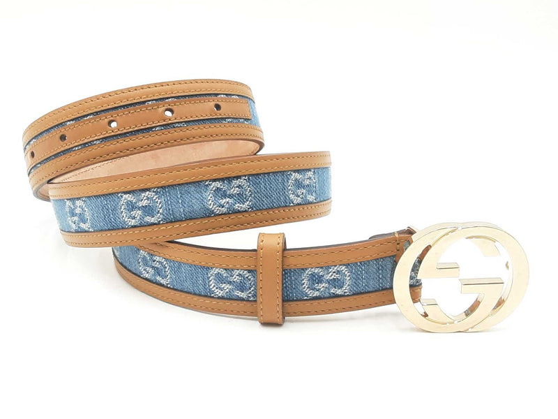 Gucci Interlocking G Belt Buckle With Denim & Leather Belt Size 85|34 Fw0825ezdu