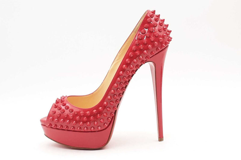 Christian Louboutin Red Patent Leather Spiked Peep Toe Pumps Size 40 Eb1224lxzsa