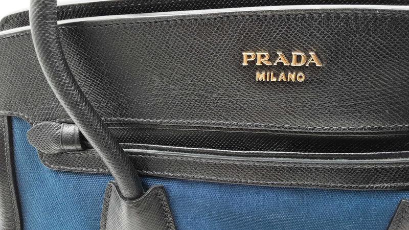 Prada Navy Blue Canvas & Black Saffiano Leather Tote Bag Eb1025oordu