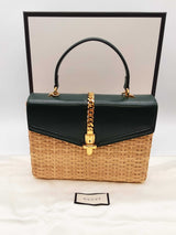 Gucci Sylvie Green Leather Tan Wicker Handbag Do0225exzde