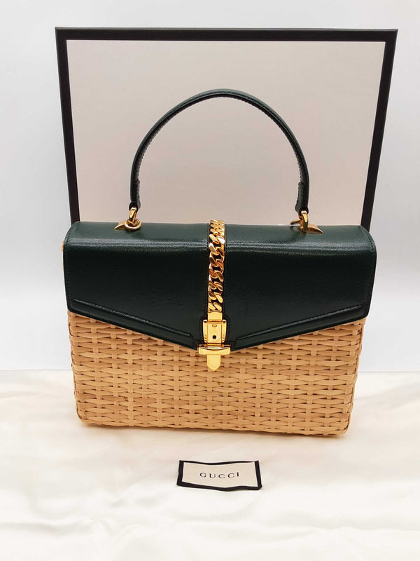 Gucci Sylvie Green Leather Tan Wicker Handbag Do0225exzde
