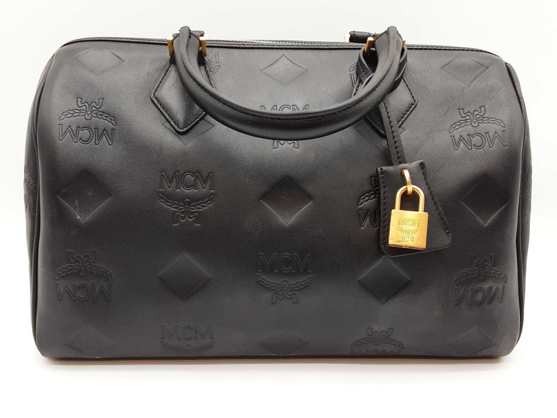 Mcm Ella Maxi Monogram Embossed Black Leather Boston Crossbody Bag Do0925ixzde