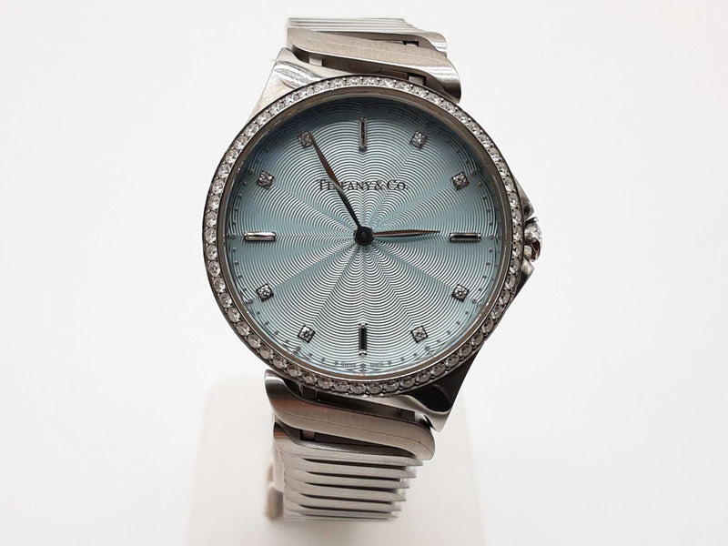 Tiffany & Co 28mm Metro Blue Dial Diamond Bezel Steel Quartz Watch Do0725lrxzde