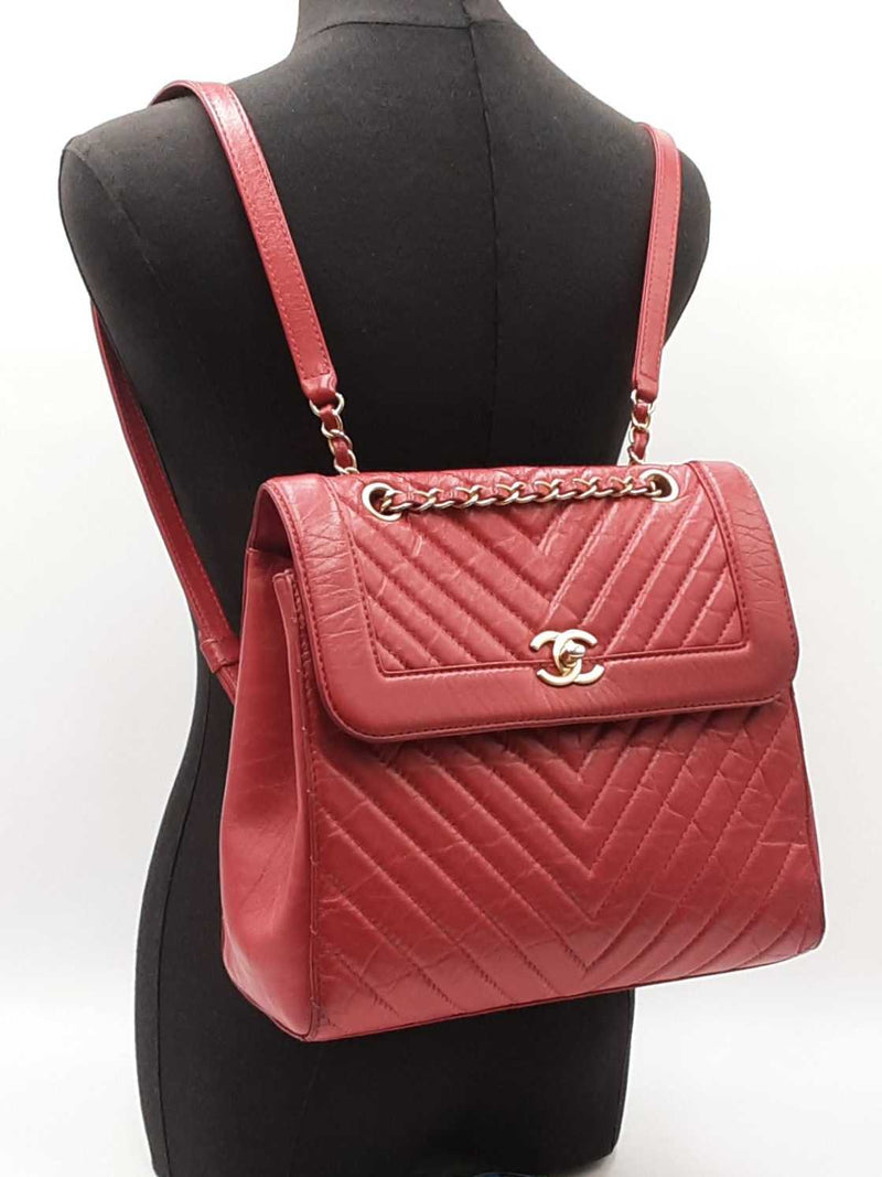 Chanel Cc Chevron Quilted Red Calfskin Top Handle Satchel Backpack Fw0725lzxzdu