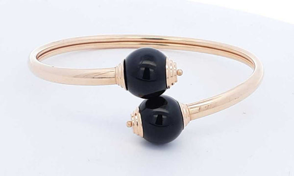 14k Yellow Gold 10.4g Onyx Bead Bangle Bracelet 6.5 In Eb0624ocrde