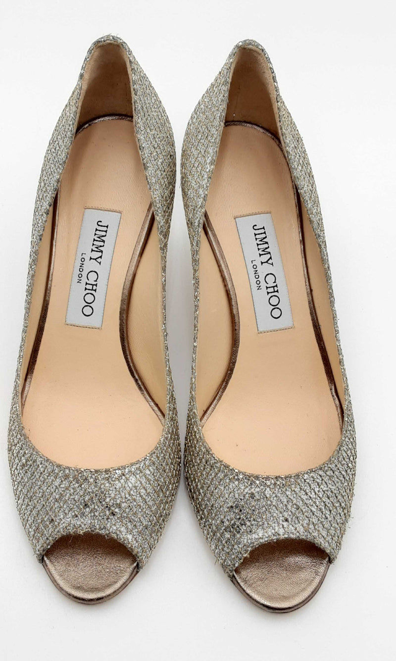 Jimmy Choo Open Toe Champagne Metallic Silver Heels Size 36 Ebcrsa 144030000812