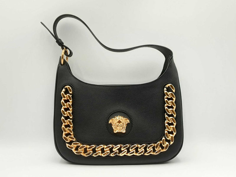 Versace La Medusa Medium Hobo Bag In Black Calfskin Leather Fw0125exzdu