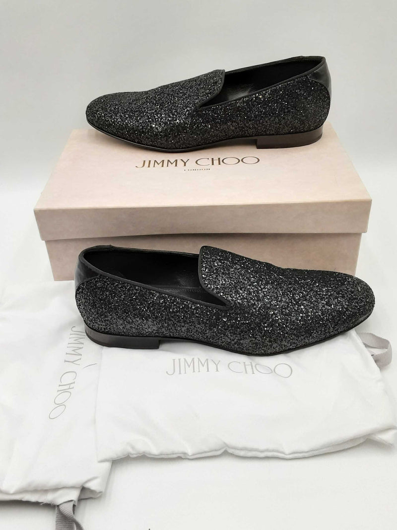 Jimmy Choo Thame Black Coarse Glitter Fabric Loafers Size 46 Eb0724ixdu