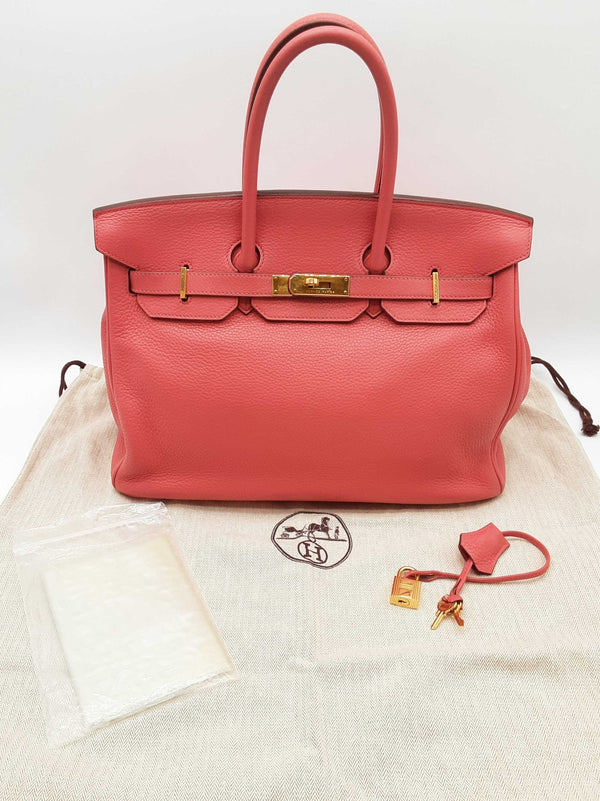 Hermes Birkin 35 Rose Jaipur Red Clemence Gold Hardwear Handbag Do0723crxzde