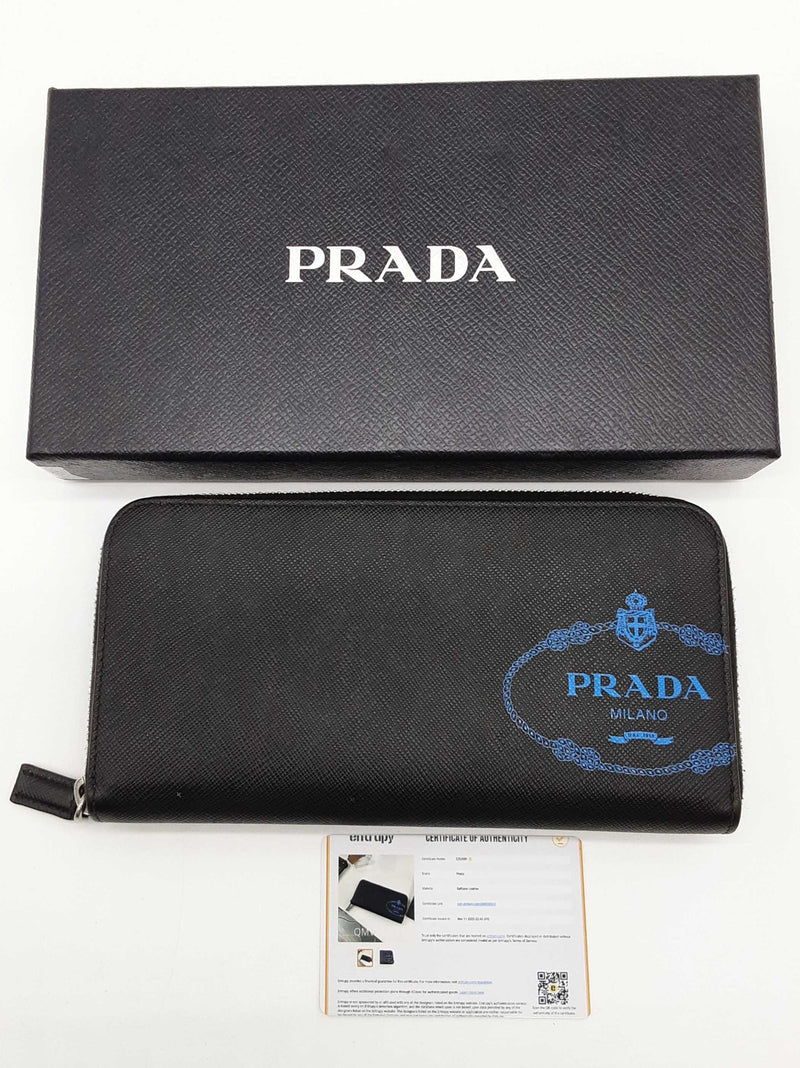Prada Blue Logo Black Saffiano Leather Zip Wallet Do1025orxde