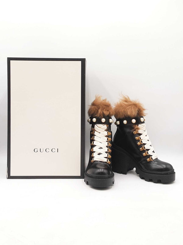 Gucci Magnum Fur & Faux Pearl Boots In Black Leather Size Eu 35 Fw0825exdu