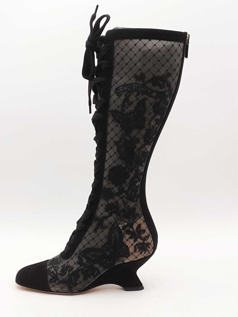 Dior Embroidered Mesh Suede Naughtily-d Knee Boots Black Size 37 Aa1125wzxsa