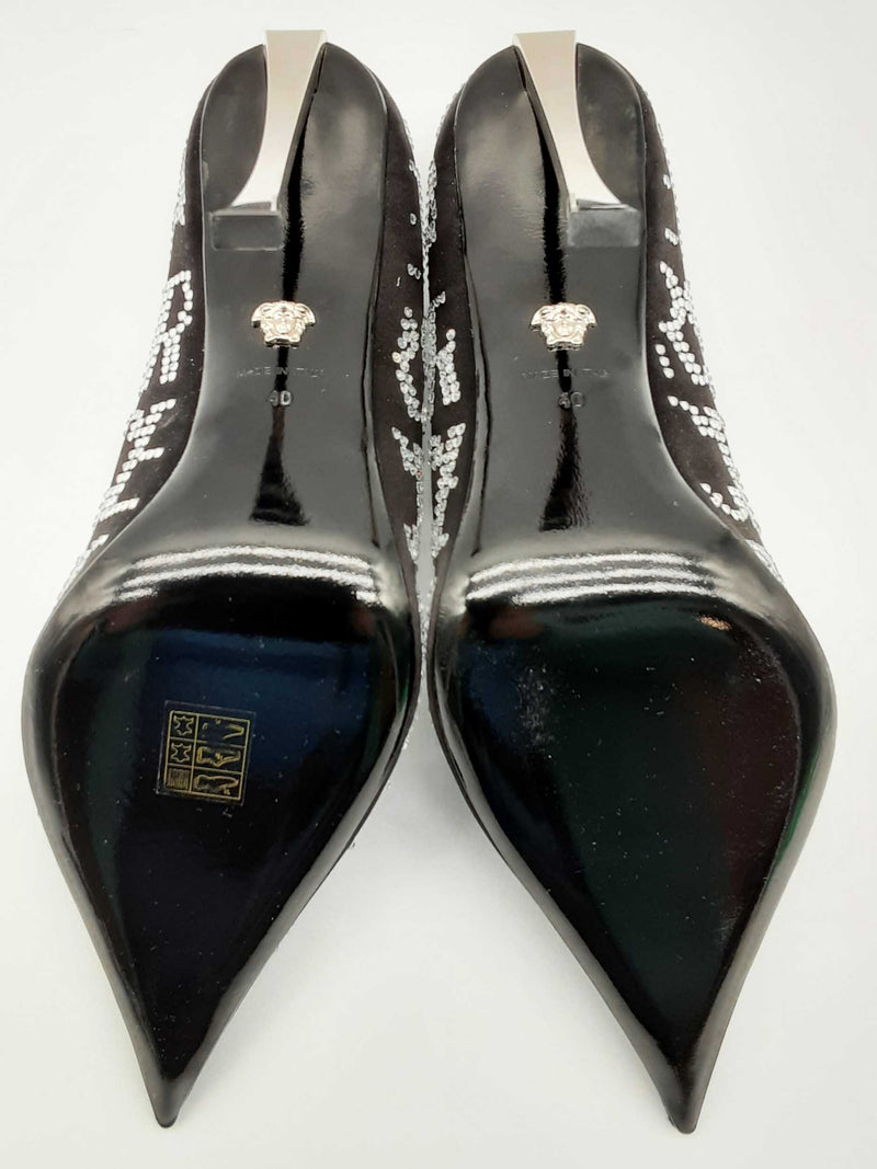 Versace Black Satin Rhinestone Logo Heels Size It 40 Do0125lxzde