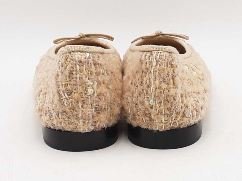 Chanel Tweed Ballet Flats Glittered Tweed Grosgrain Beige Size 39.5 Sd0425oxzsa