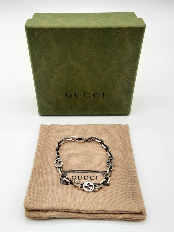 Gucci Gg Interlocking 0.925 Silver 19.7g Cable Chain Bracelet Size 18/ L 7 In Do0424lxzde