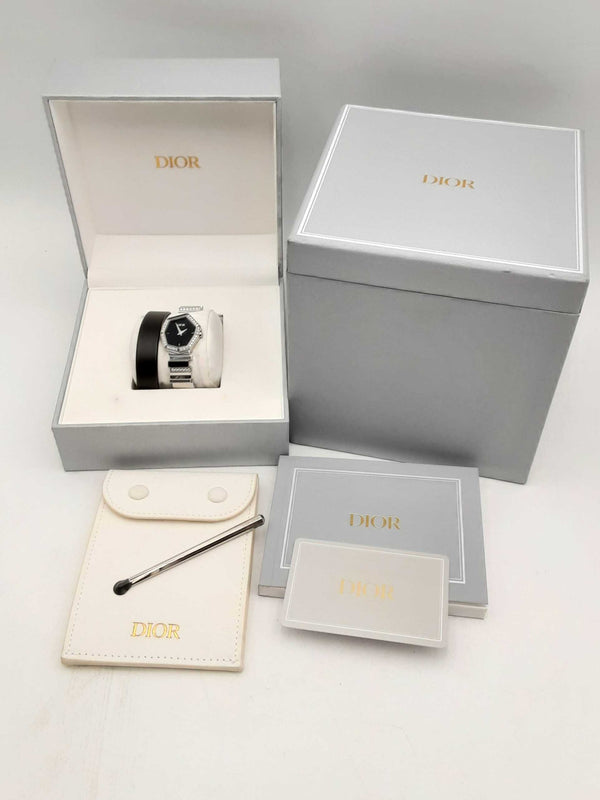 Dior Gem Dior Diamond & Onyx Stainless Steel Watch 24mm Aa0724wwrxsa
