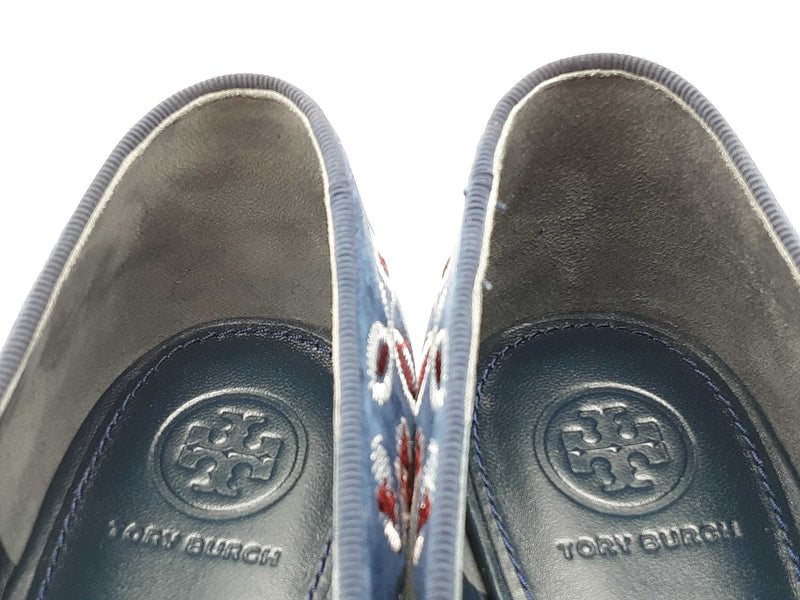 Tory Burch Trotters Estee Blue Suede Floral Embroidered Shoes Size8.5 Do0725lxde