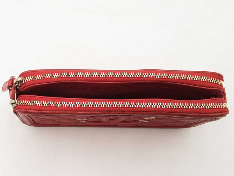 Chanel Cc Filigree Caviar Double Zip Clutch With Chain Red Aa0225rxzsa