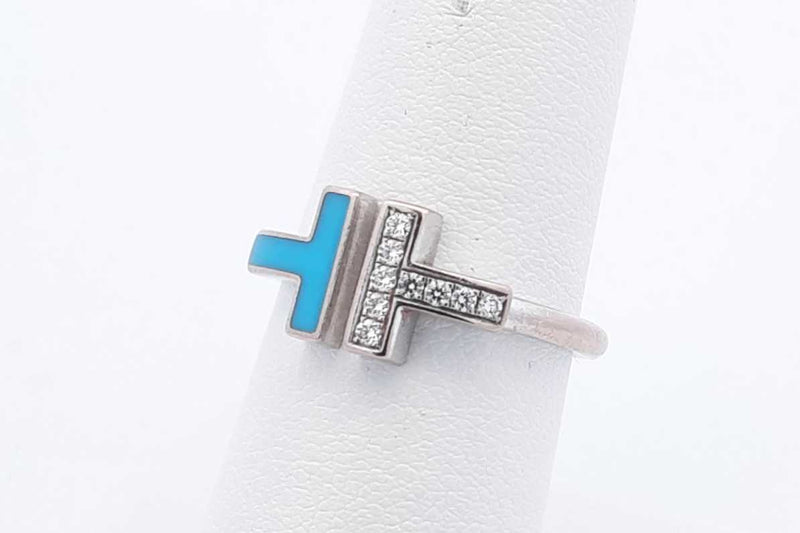 Tiffany & Co. Diamond & Turquoise T Wire Ring 18k White Gold 4.1g Eb1124orxsa