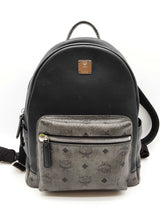 Mcm Stark Black Leather Gray Visetos Coated Canvas Backpack Do0726lxzde