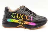 Gucci Rython Black Leather Sneakers With Rainbow Logo Size 34 Eb0226lrxde