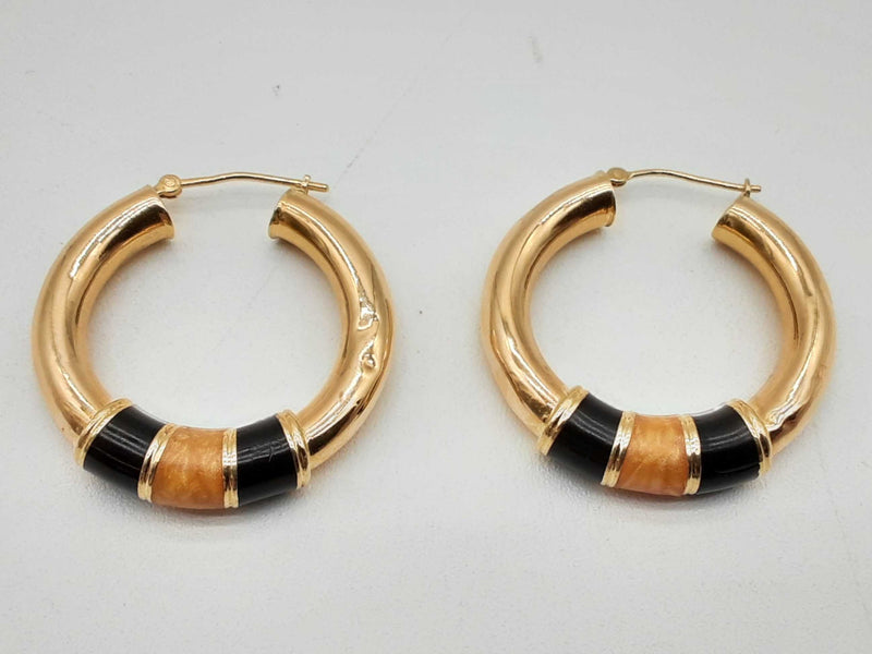 14k Yellow Gold 7.2g Black Yellow Resin Hollow Hoop Earrrings Do0524oxzde