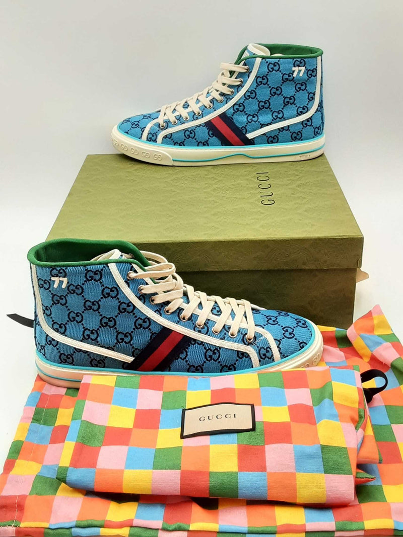 Gucci Tennis 1977 Blue Gg Canvas High Top Sneakers Size 12 Eb0125lirsa