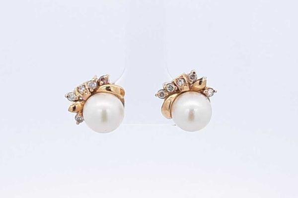 Pearl & Diamond Stud Earrings In 10k Yellow Gold 4.6 Grams Eb0624oxzsa