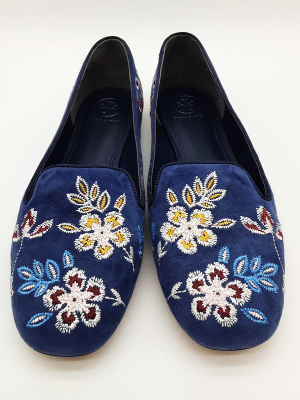 Tory Burch Trotters Estee Blue Suede Floral Embroidered Shoes Size8.5 Do0725lxde