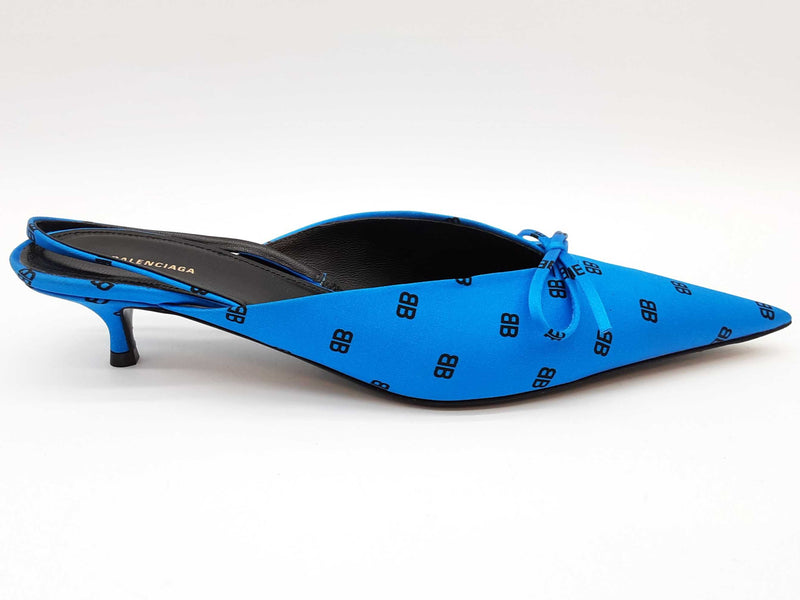 Balenciaga Knife Mules Logo Blue Satin Heels Size Eu 38 Do0725pxde