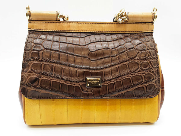 Dolce & Gabbana Sicily Brown Crocodile Yellow Eel Leather Crossbody Bag Do0325irxde