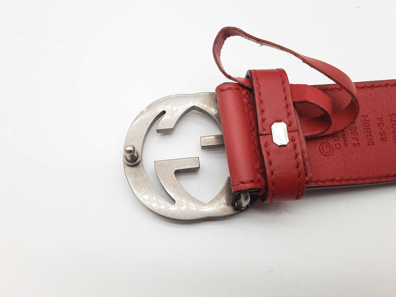 Gucci 546389 Rosso Red Leather Interlocking Gg Buckle Belt Size 34 Do0624oxzde